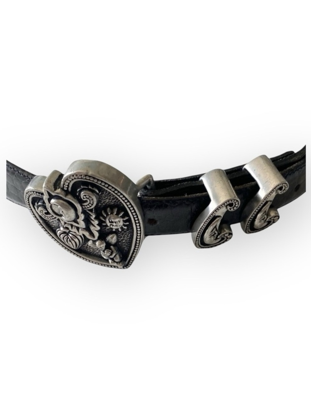 Vintage: Vincenza ☾ ©1997 Celestial Etched Metal Buckle Belt ☾ Black Leather - Picture 6 of 16